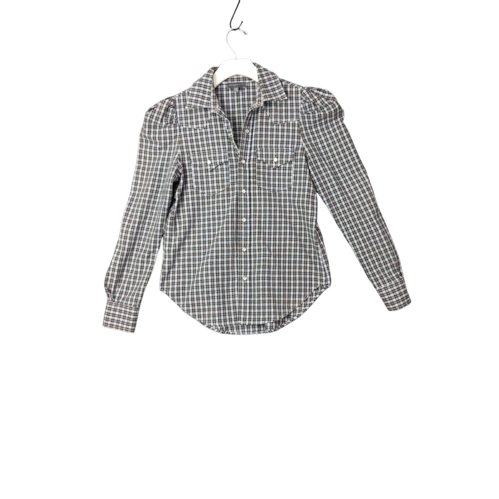 Greyson Womens Western Cottagecore Puff Sleeve Plaid Snap Shirt S Green Blue